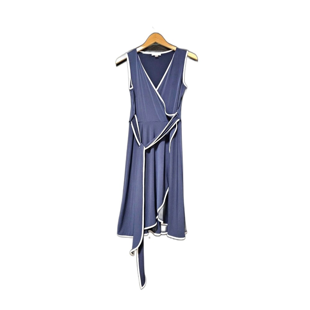 Calvin Klein Navy White Wrap Dress Sleeveless Belted Contrast Trim Knit 6